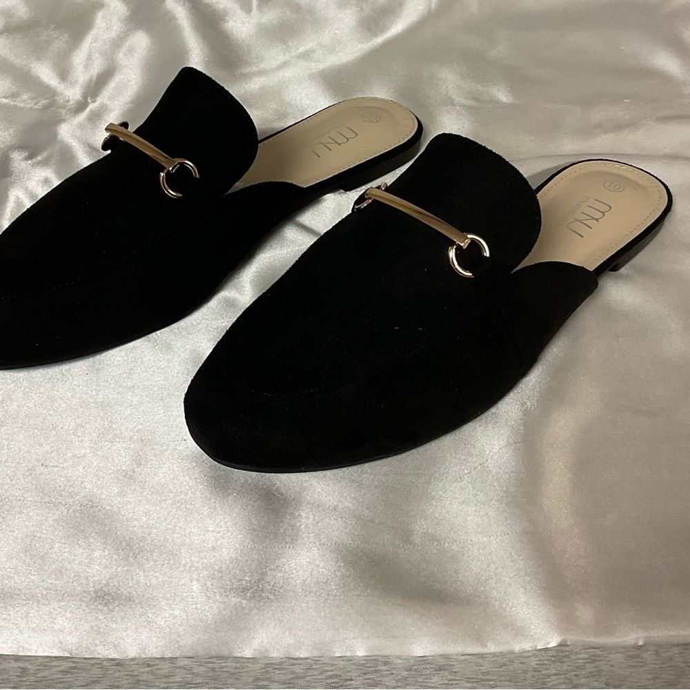 NWT Musshoe Faux Suede Black Mules with Gold Tone Buckle - Size 10